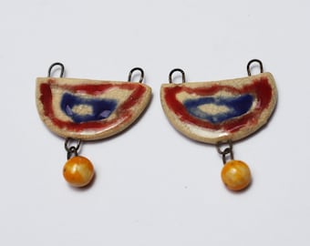 Two-sided, ceramic charms, handmade, rustic, artisan earrings components