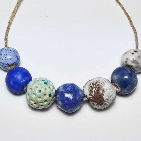 Blue and white beads, ceramic, handmade