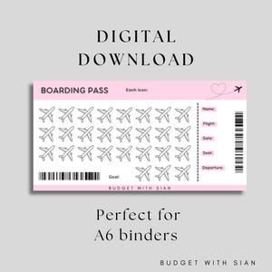 May include: A printable digital download of a boarding pass sticker sheet with 48 airplane icons. The sheet is pink and white with the text "Boarding Pass" and "Budget with Sian".