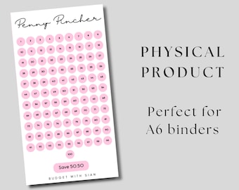 May include: A printable sheet of 100 pink circles with black numbers from 1 to 100. The sheet is titled "Penny Pincher" and has the text "Save 50.50" and "Budget with Sian" at the bottom.