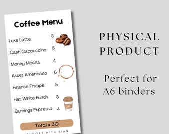 Suivi des économies sur la carte du café laminé | Suivi de l'épargne | Défi Épargne | Produit physique | Économies d'argent | Encart pour enveloppe de caisse A6