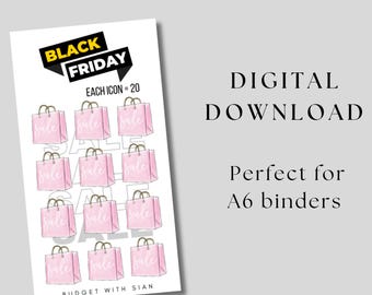 Puede incluir: Una hoja de descarga digital con bolsas de compras rosas con la palabra "venta" en ellas. La hoja dice "Black Friday" y "Cada icono = 20".