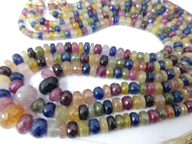 Gemstone 5-14 MM Faceted Rondelle Stone Beads Loose Strand Necklace Yellow,blue,Red,Green Sapphire 18 Inches Natural Multi Sapphire GF
