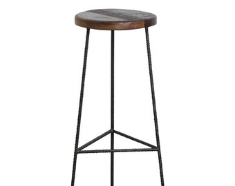 Bar stool industrial loft style in wood and steel, vintage wood, old wood and scrap metal, handmade bar stool