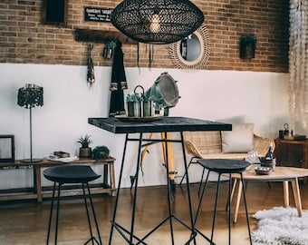 Table de bar style loft avec plateau en vieux bois massif - Black Edition