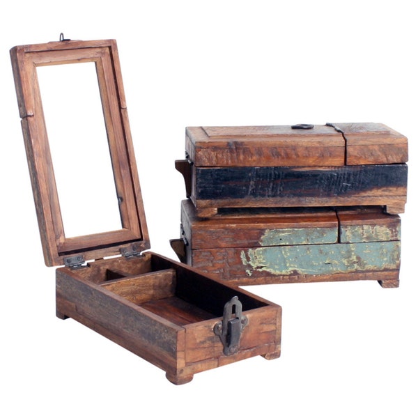 barber shaving box with mirror made of old wood in vintage style
