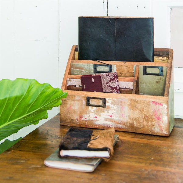 Büro-Organizer Brief und Ablage-Box aus Altholz vintage Shabby-Chic, Box aus Holz zur Aufbewahrung