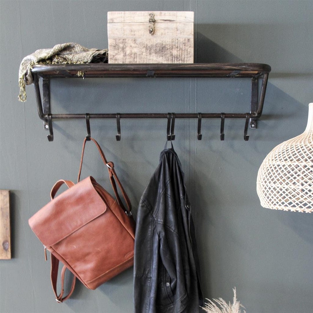 Black Metal Wall Coat Rack, Industrial Loft Style Coat Hook, Old Wood