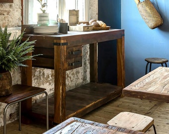 Console table Sideboard with 2 drawers made of reclaimed wood, vintage wooden workbench, side table made of recycled wood