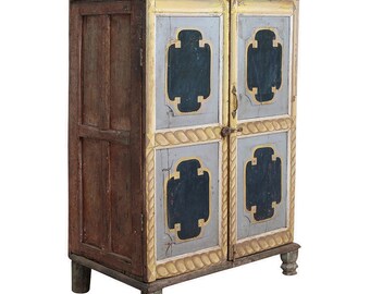 Armoire vintage jaune-gris-bleu peinte à la main