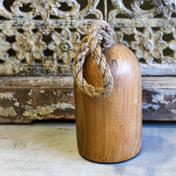 Decorative doorstop Woody floor doorstop made of teak wood with rope, Ø 12 cm x H 20 cm