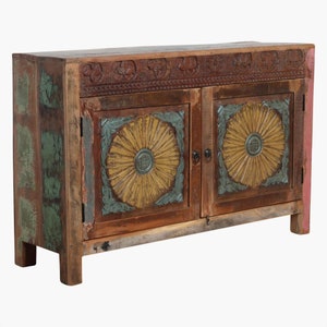 Chest of drawers Flower Shabby Color with carvings from the Scrapwood collection, sideboard made of recycled wood