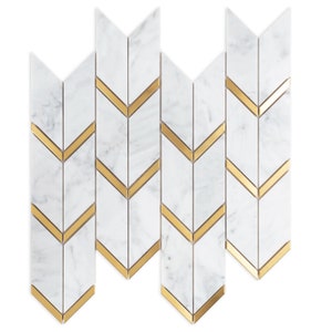 Carrara Chevron And Gold Gloss Mosaic Tiles Sheet For Walls Floors Kitchen Bathroom