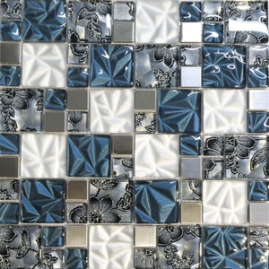Lithos Blue Glass And Steel Mosaic Tiles Sheet For Walls And Floors Full Sheet 30 x 30cm