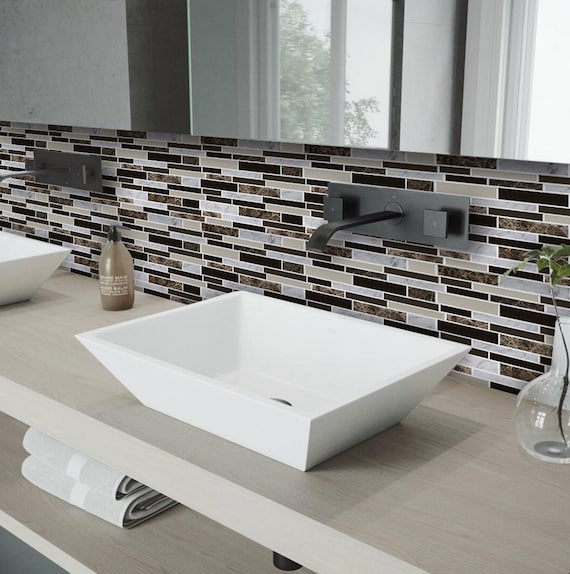 4 hojas de vinilo adhesivo 3D sobre azulejos de mosaico, autoadhesivo, baño,  cocina, pared del hogar, ladrillos con efecto mármol marrón -  México