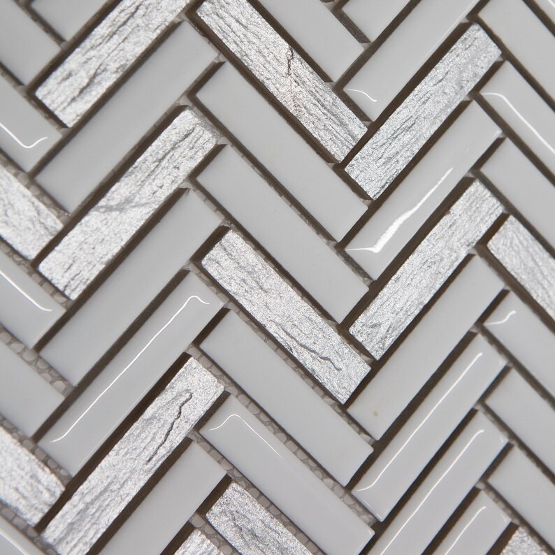White & Silver Herringbone Mosaic Tiles Sheet for Walls and Etsy