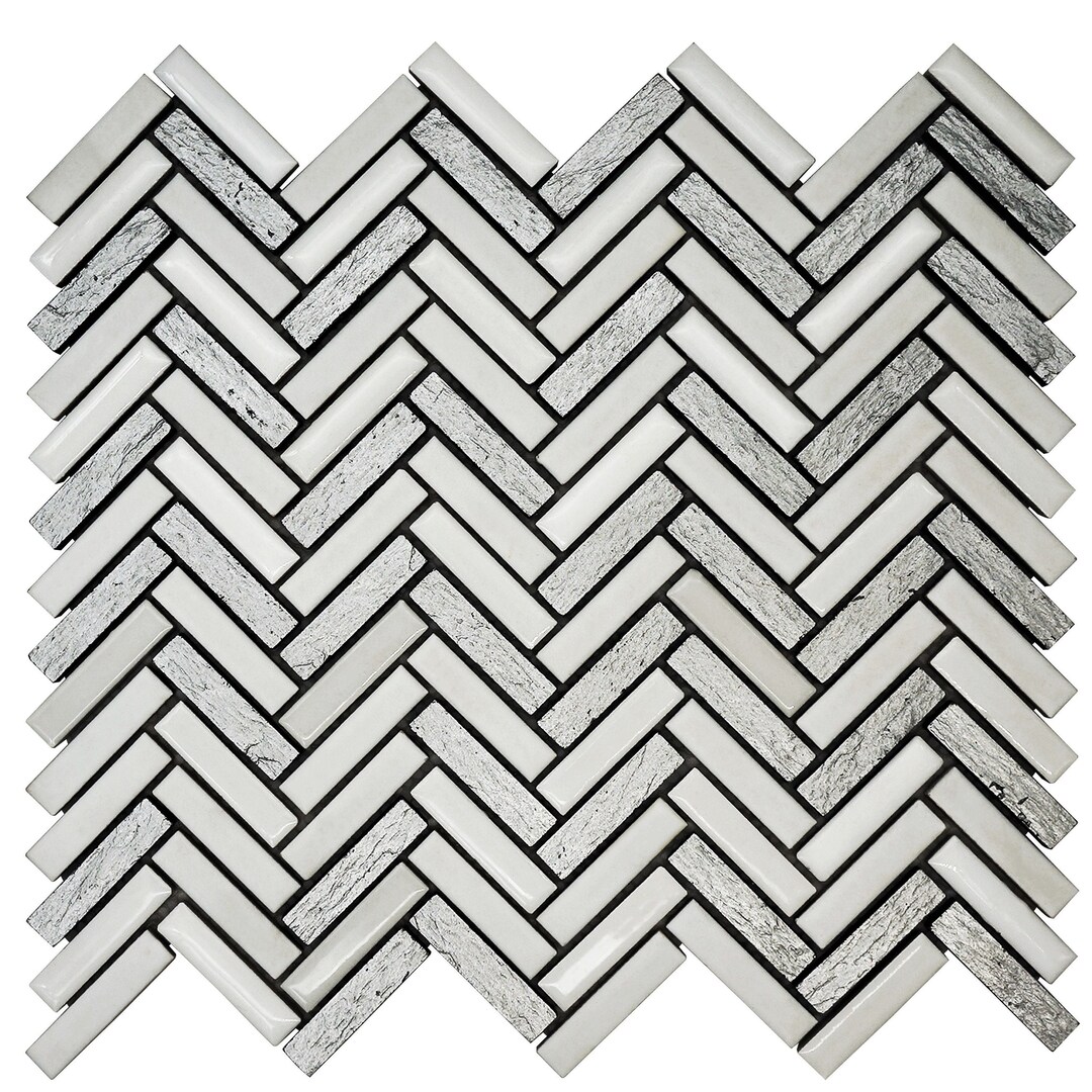 White & Silver Herringbone Mosaic Tiles Sheet for Walls and Floors