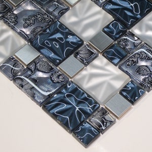 Lithos Blue Glass And Steel Mosaic Tiles Sheet For Walls And Floors image 4