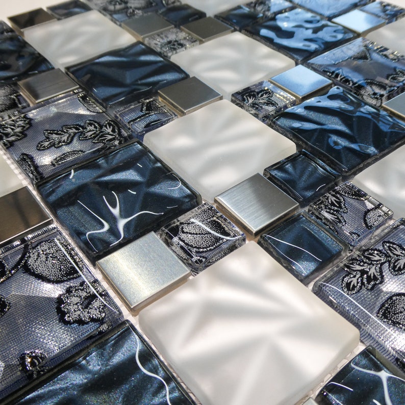 Lithos Blue Glass And Steel Mosaic Tiles Sheet For Walls And Floors image 2