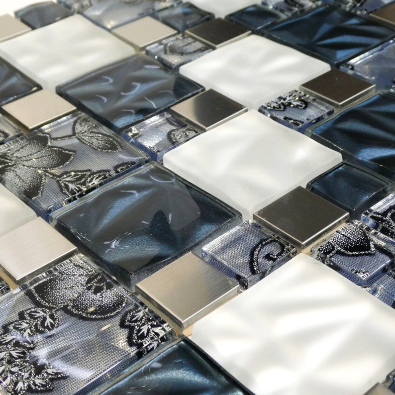 Lithos Blue Glass And Steel Mosaic Tiles Sheet For Walls And Floors image 1
