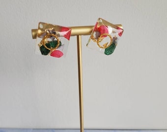 Handmade Flower Earrings, Square Shape, 925 silver stud, Red and Green Hydrangea petals  Petals, Present