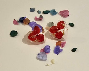 Handmade RealFlower Earrings, heart Shape, 925 silver stud, red Hydrangea  flowers, Present