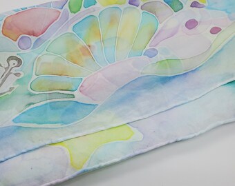 Aloha Hawaii Make a Splash Hand Painted Silk Scarf- Seashell, Seahorse, Jellyfish, Present