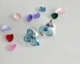 Handmade Flower Earrings,heart Shape, 925 silver stud, Blue and Pink Hydrangea  petals, Present