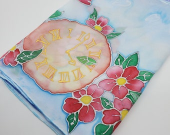 Day and Night - Clock, Zodiac, Sky, Sun, Moon Hand Painted Silk Scarf, Present