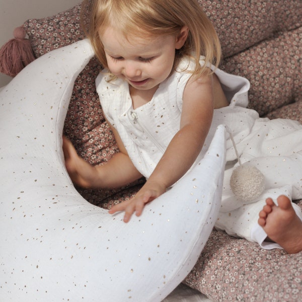 Muslin cotton baby nursing pillow, Feeding pillow, Moon pillow babies, Baby pillow, Organic cotton pillow with golden dots Stillkisen mond