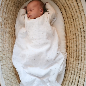 Saco de dormir LIGHT 0,5 TOG 100% algodón orgánico Oeko-Tex Saco de dormir de muselina con lunares dorados, Saco de algodón para bebé, Saco para recién nacido, Body