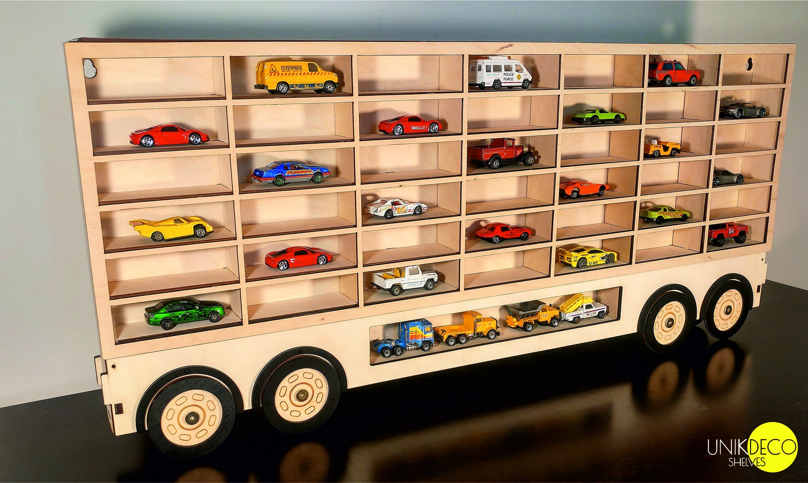 Display Truck For Toy Car Storage - Wood Case, 48 Hot Wheels, Matchbox