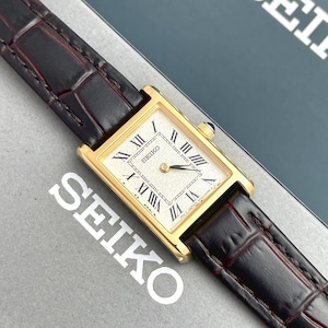 New Seiko Tank Nano Women&#39;s Watch: Gold Tone, Roman Index, Leather Strap
