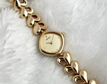 Vintage 90's Seiko Exceline Diamond Sculpted Pattern Gold Tone