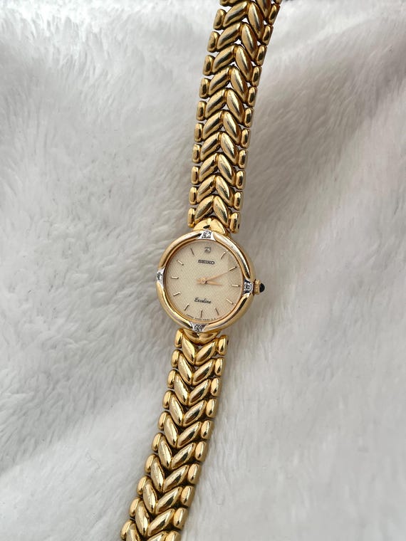 Vintage 90's Seiko Exceline Diamond Sculpted Pattern Gold Tone