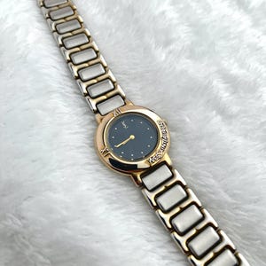 Rare Yves Saint Laurent YSL Logo Gold Vintage Ladies Watch Black Dial with Two Tone Bracelet 1980's