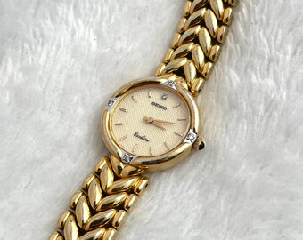時計 vintage SEIKO EXCELINE GOLD 4N20-0370 Vintage 90's Seiko Exceline Diamond Sculpted Pattern Gold Tone
