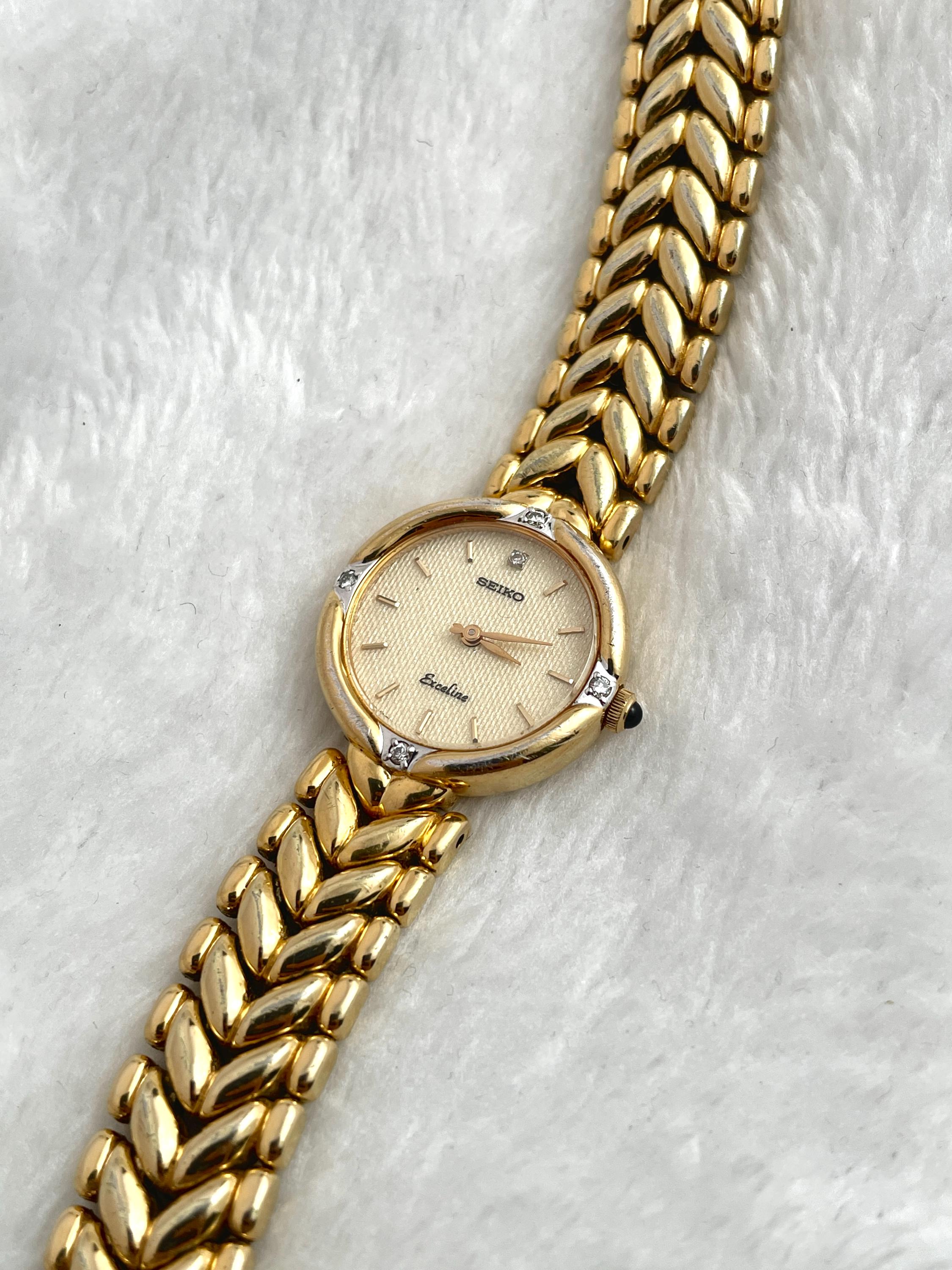 Vintage 90's Seiko Exceline Diamond Sculpted Pattern Gold