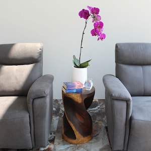 May include: Two gray armchairs and a sofa with a wooden twist table in between. A potted orchid with pink flowers is on the table. There are books stacked on the table.