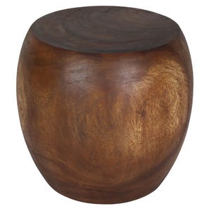 May include: A solid, wooden stool with a dark brown top and a lighter brown body. The stool has a rounded, barrel-like shape and a smooth, polished finish. The wood grain is visible throughout the piece.
