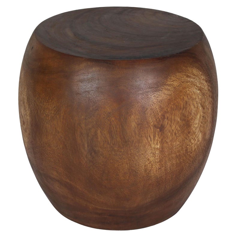May include: A solid, wooden stool with a dark brown top and a lighter brown body. The stool has a rounded, barrel-like shape and a smooth, polished finish. The wood grain is visible throughout the piece.
