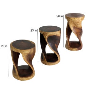Hand-Carved Wood Round Twist End Table, Sculptural Pedestal Stand, 14" Dia