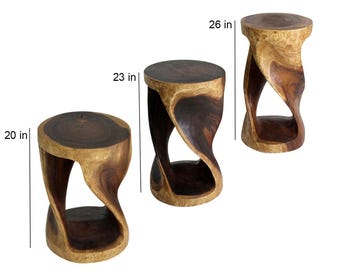 Hand-Carved Wood Round Twist End Table, Sculptural Pedestal Stand, 14" Dia