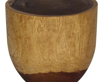 Hand-Carved Wood Oval Drum Table, Sculptural Side Accent Pedestal, 20" Dia x 18"