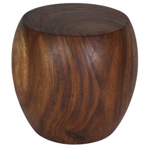 May include: A solid, dark brown wooden stool with a rounded, barrel-like shape. The wood grain is visible, adding texture and visual interest to the piece. The stool has a flat top and a slightly wider base.