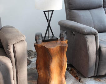 Hand-Carved Wood Stump End Table, Live Edge Root Side Table, Oak Nightstand for Bedroom or Living Room, 16 in Dia x 20 in