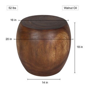 May include: A solid, wooden side table with a dark walnut finish. The table is 18 inches tall, 16 inches wide, and 14 inches deep. It weighs 52 lbs and is treated with walnut oil.