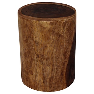 May include: A round wooden stool with a natural brown finish. The stool is made from a single piece of wood and has a smooth, polished surface.