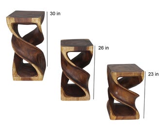 Hand Carved Wood Double Twist End Table 14 x 14 inch
