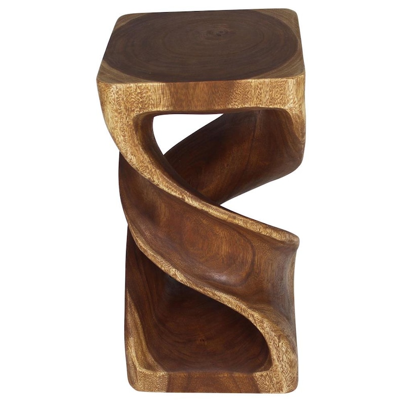 May include: A brown wooden stool with a unique twisted design. The stool has a square top and a rounded base.
